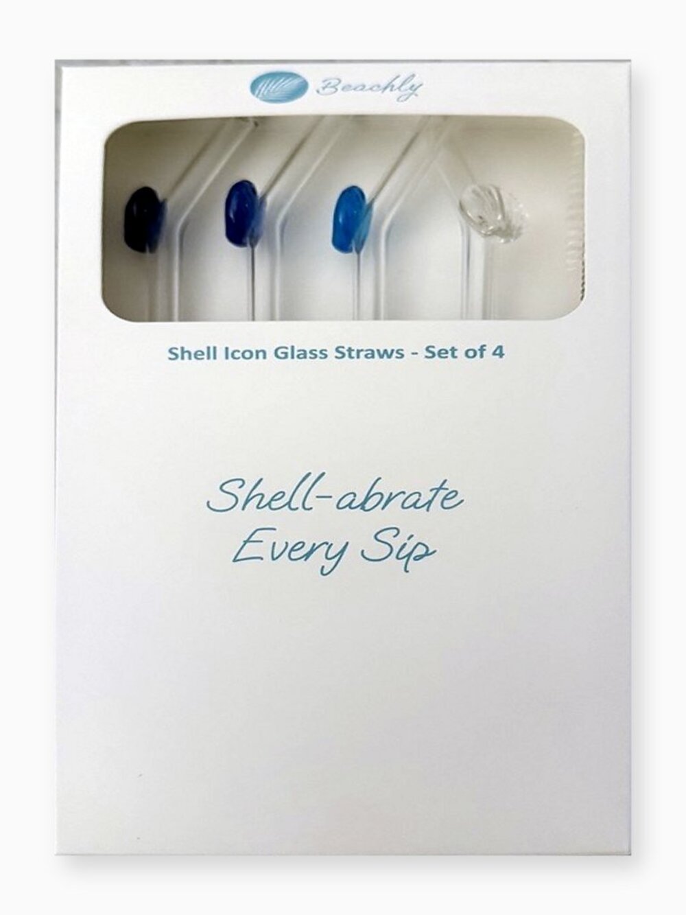 NIB Beachly Shell Icon Glass Straws Set of 4 Blue Coastal Drinkware